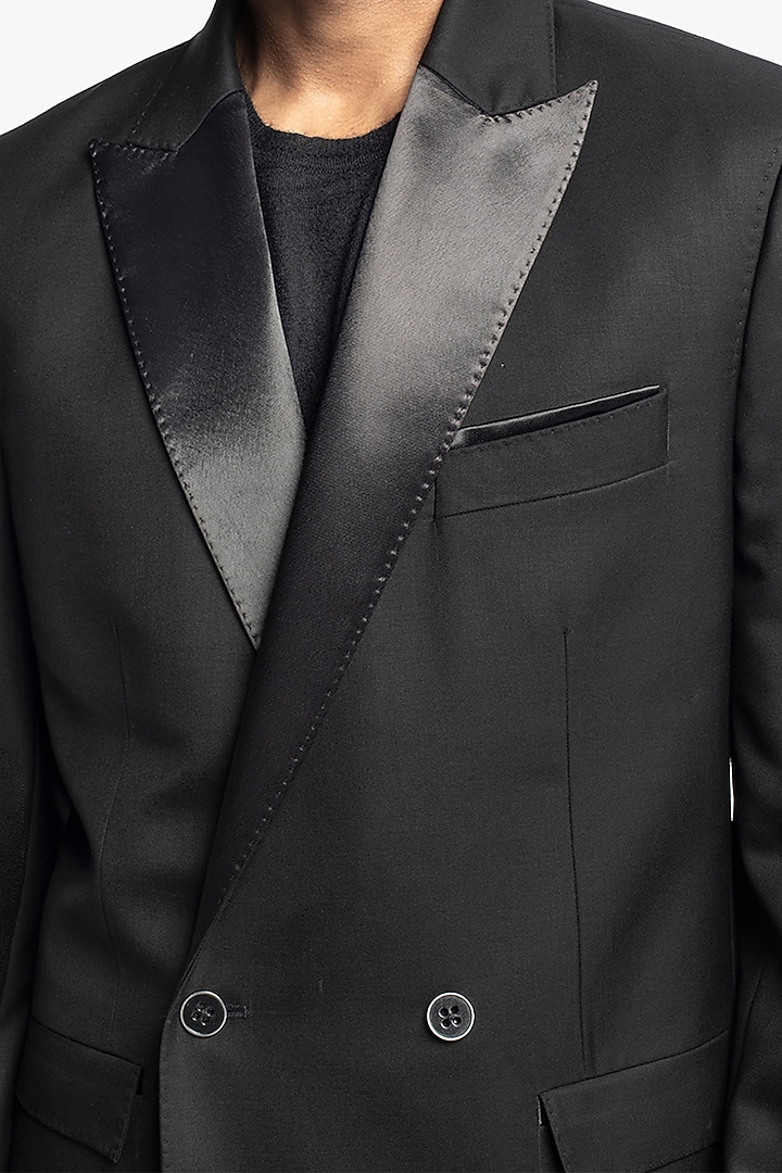 Black Italian Wool Tuxedo Set by Divyam Mehta Men at Pernia's Pop Up Shop