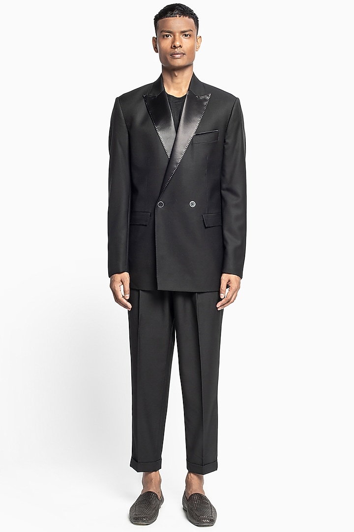 Black Italian Wool Tuxedo Set by Divyam Mehta Men at Pernia's Pop Up Shop