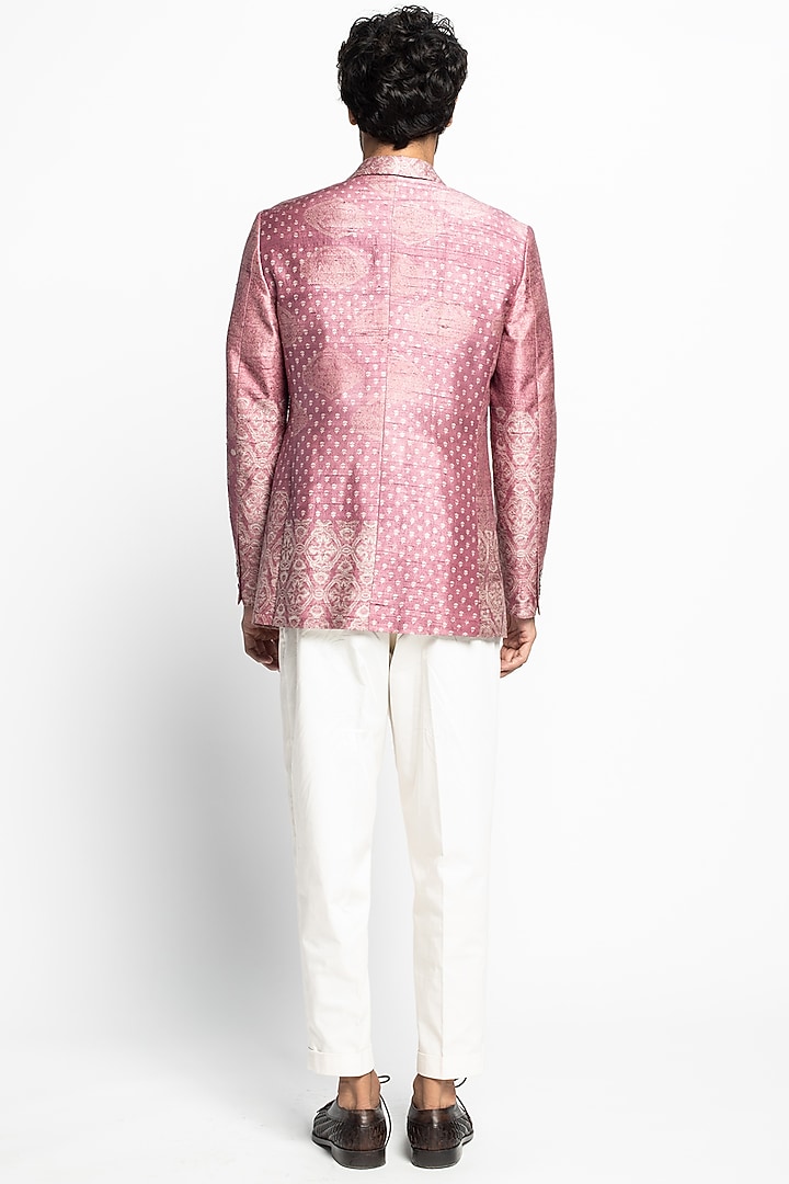 Pink & White Silk Printed Tuxedo Set by Divyam Mehta Men at Pernia's Pop Up Shop
