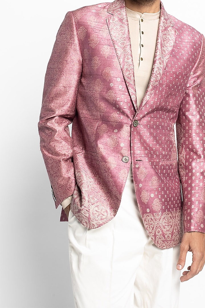Pink & White Silk Printed Tuxedo Set by Divyam Mehta Men at Pernia's Pop Up Shop
