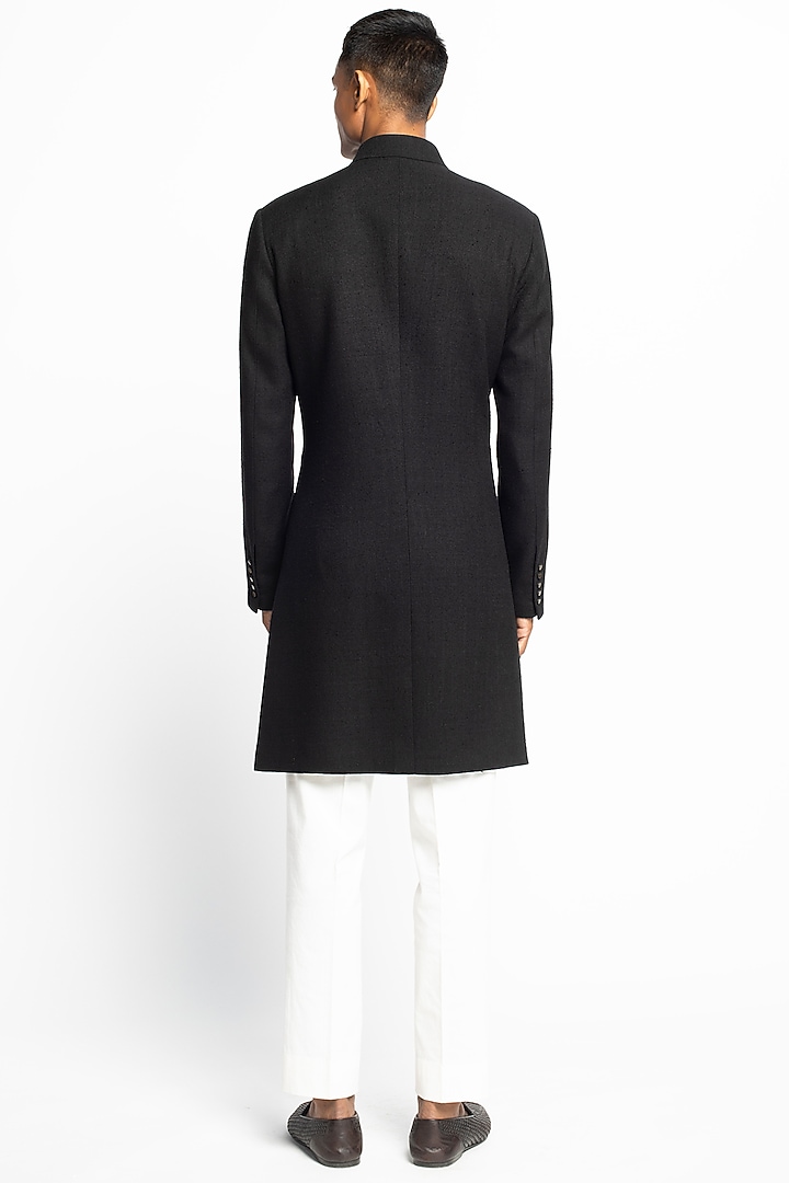 Black & White Matka Silk Achkan Jacket Set by Divyam Mehta Men at Pernia's Pop Up Shop