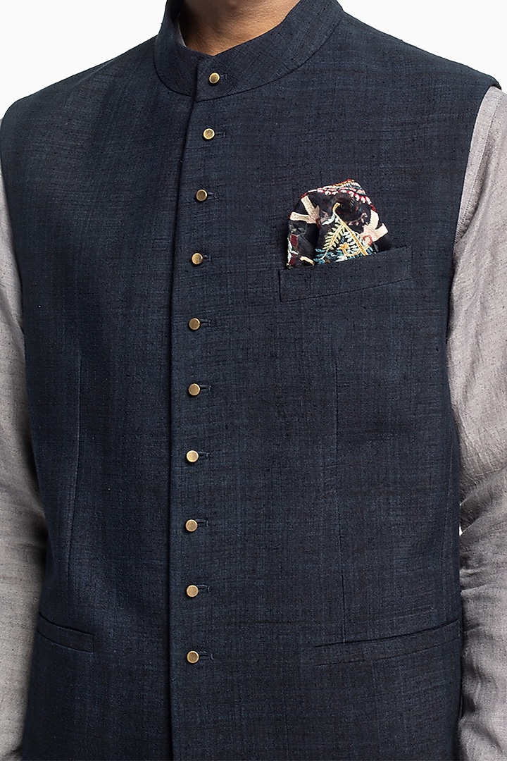 Midnight Blue Matka Silk Bundi Jacket by Divyam Mehta Men at Pernia's Pop Up Shop