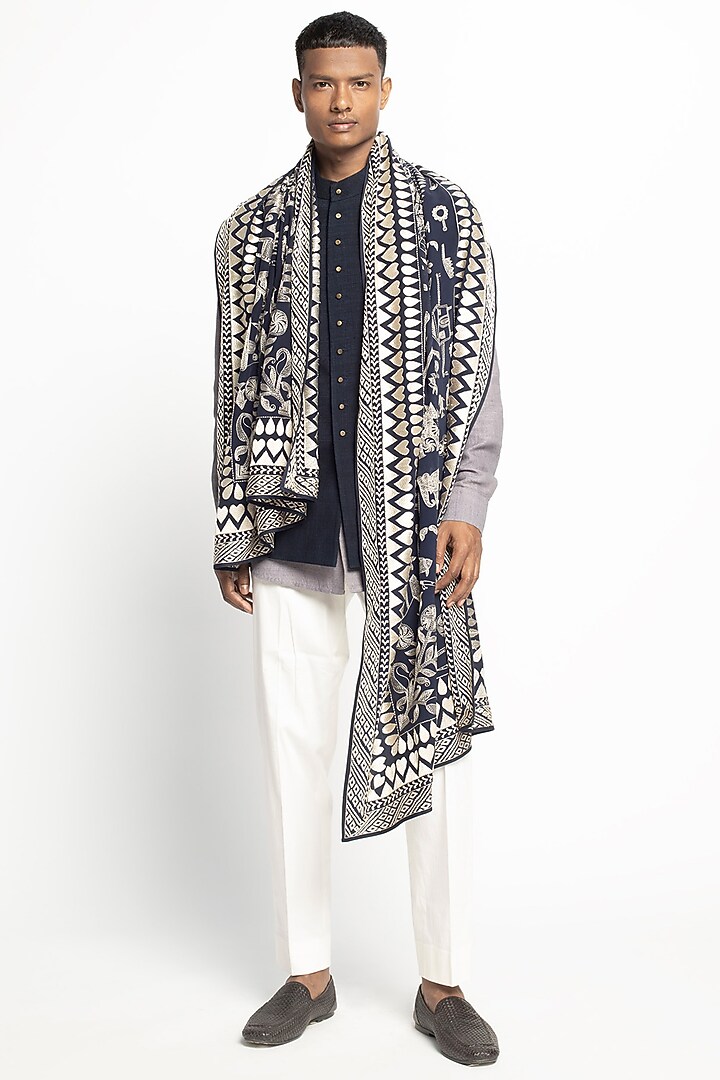 Midnight Blue Matka Silk Bundi Jacket by Divyam Mehta Men at Pernia's Pop Up Shop
