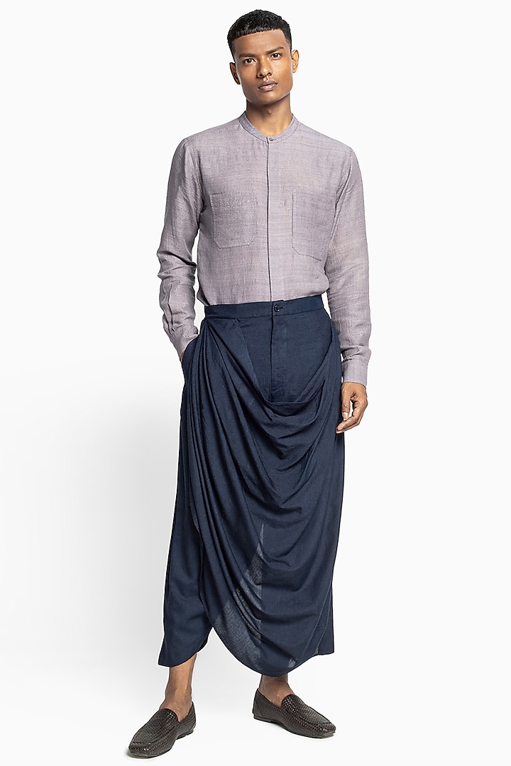 Midnight Blue Matka Silk Draped Dhoti Pants by Divyam Mehta Men