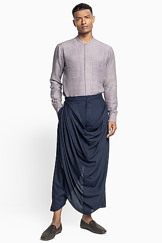 Midnight Blue Matka Silk Draped Dhoti Pants by Divyam Mehta Men