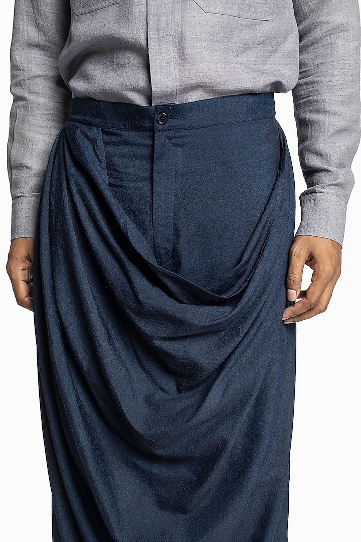 Midnight Blue Matka Silk Draped Dhoti Pants by Divyam Mehta Men at Pernia's Pop Up Shop