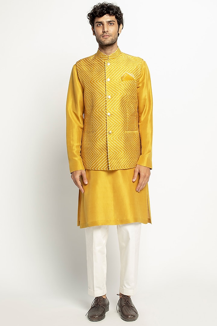 Yellow & White Printed Jacket Set by Divyam Mehta Men