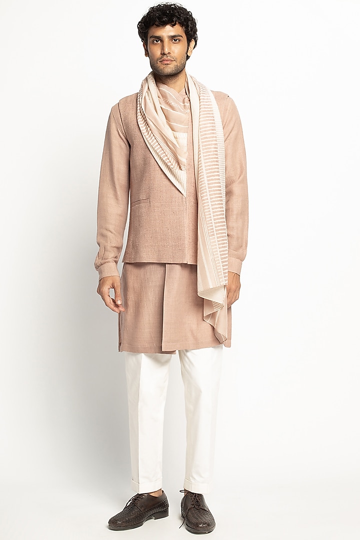 Blush Pink & White Printed Sadri Bundi Jacket Set by Divyam Mehta Men