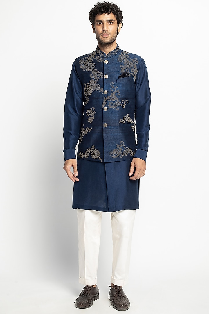 Cobalt Blue & White Embroidered Bundi Jacket Set by Divyam Mehta Men