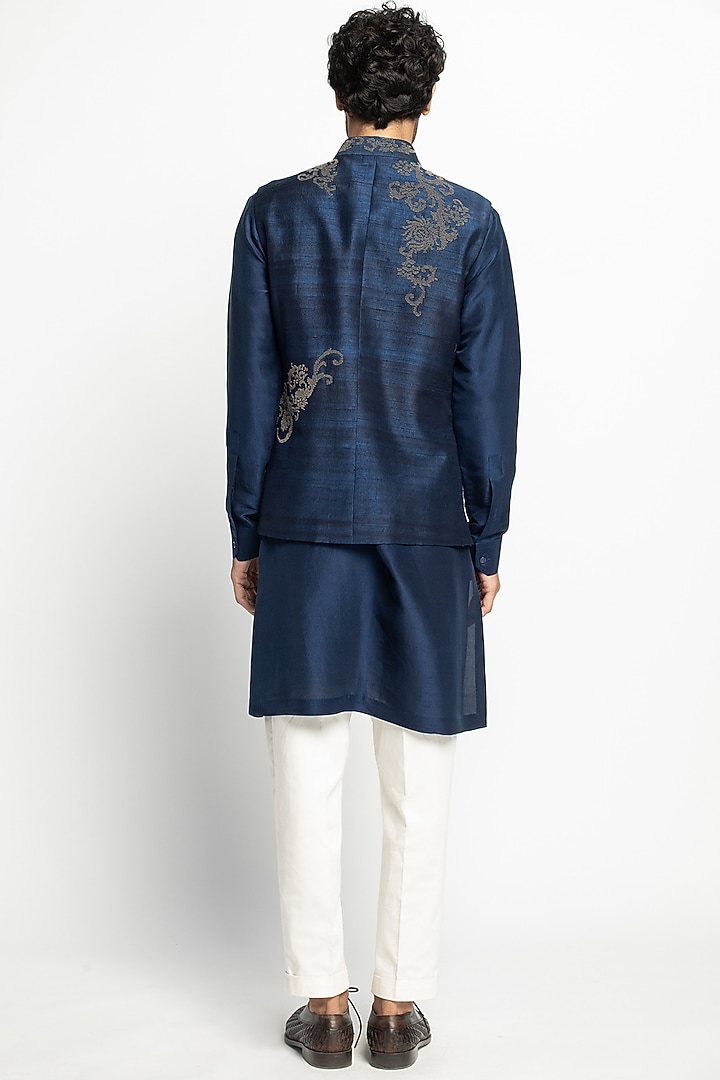 Cobalt Blue Silk Bead Embroidered Bundi Jacket Set by Divyam Mehta Men at Pernia's Pop Up Shop