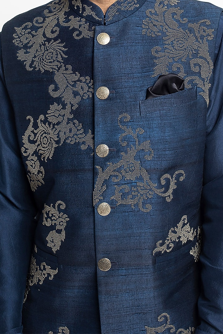 Cobalt Blue Silk Bead Embroidered Bundi Jacket Set by Divyam Mehta Men at Pernia's Pop Up Shop