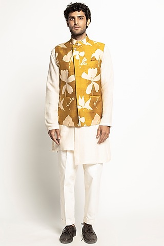 Yellow & White Printed Jacket Set by Divyam Mehta Men