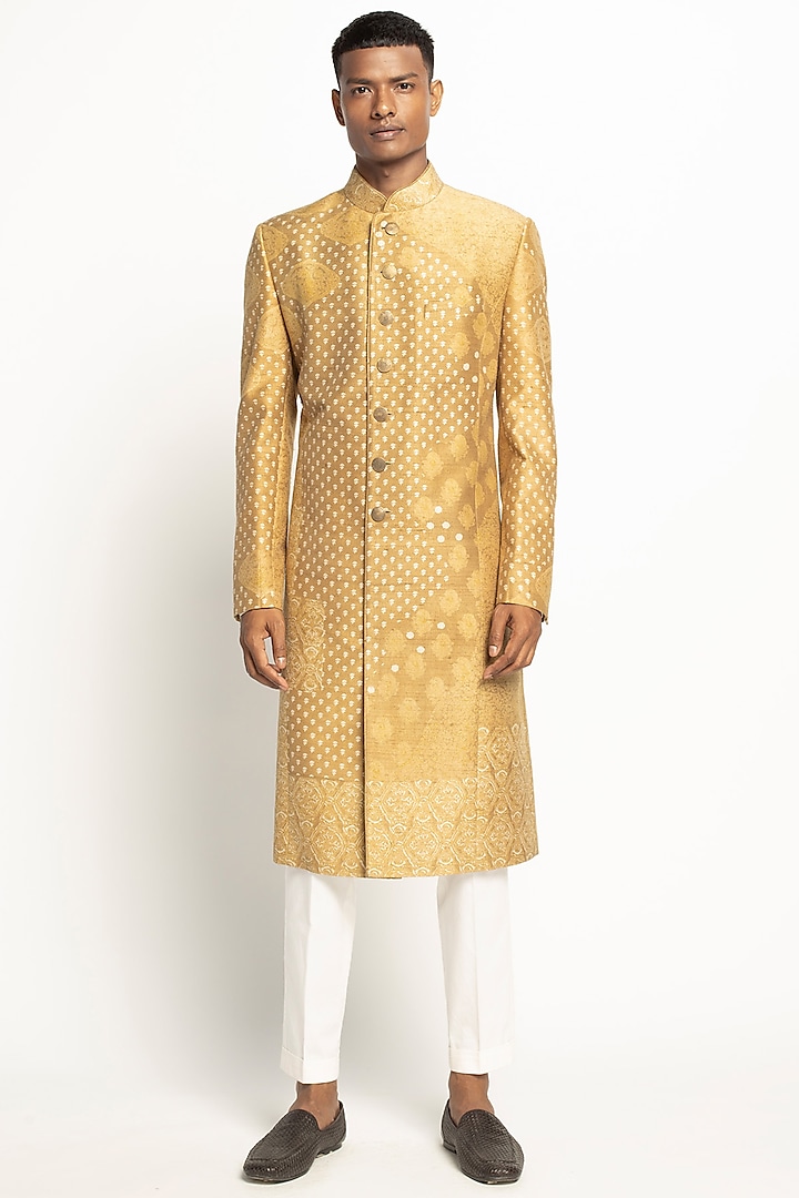 Yellow & White Achkan Indo-Western Jacket Set by Divyam Mehta Men