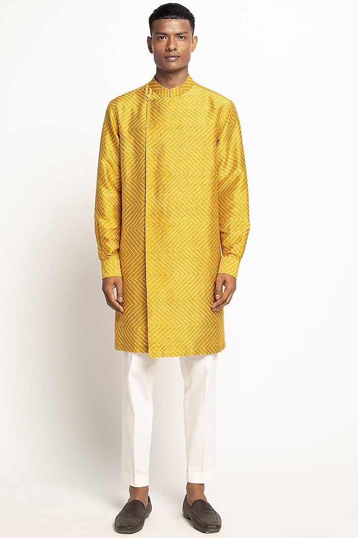 Yellow & White Printed Kurta Set by Divyam Mehta Men