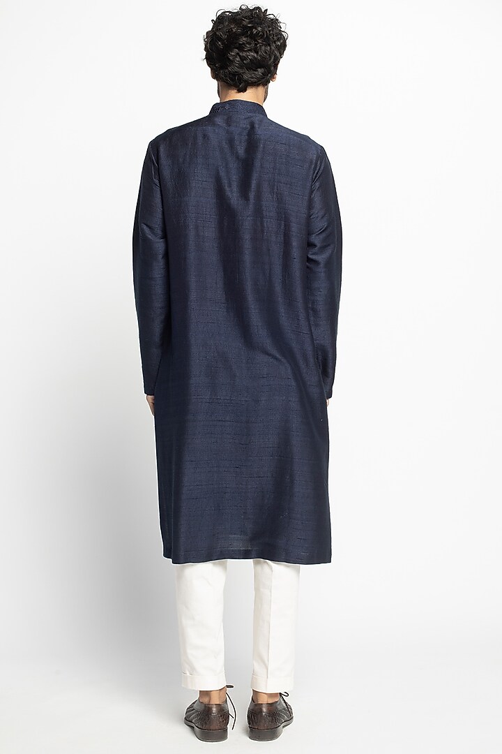 Cobalt Blue & White Silk Embroidered Kurta Set by Divyam Mehta Men at Pernia's Pop Up Shop