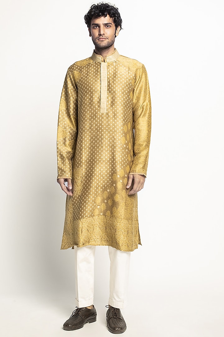 Mustard & White Printed Kurta Set by Divyam Mehta Men