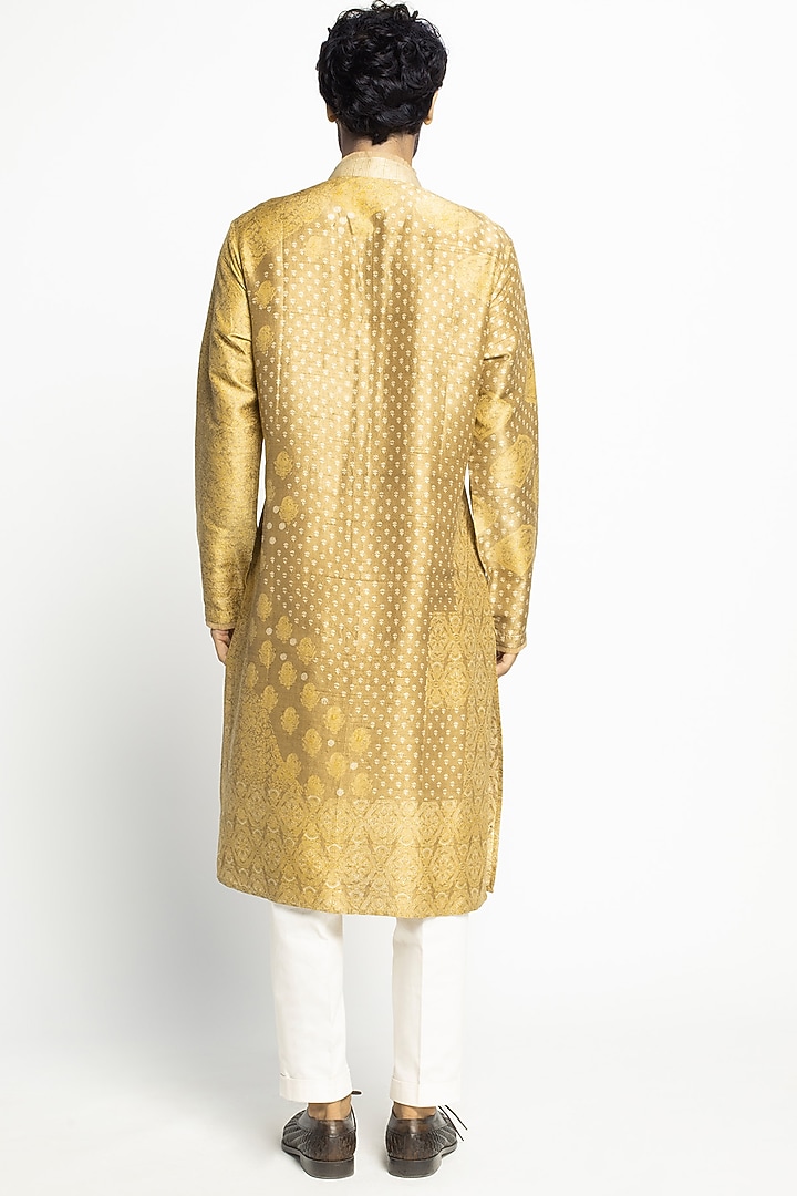 Mustard Silk Block Printed Kurta Set by Divyam Mehta Men at Pernia's Pop Up Shop