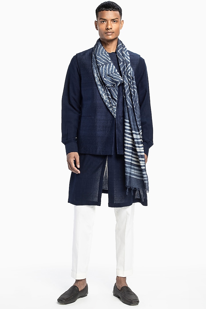 Cobalt Blue & White Silk Bundi Jacket Set by Divyam Mehta Men