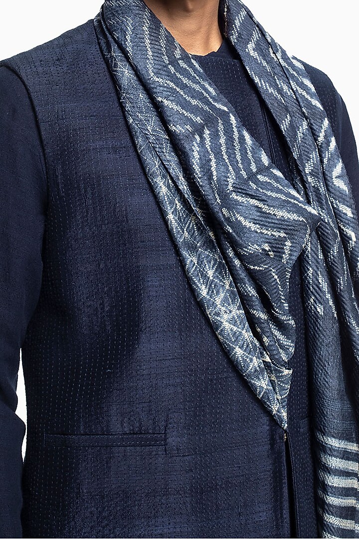 Cobalt Blue Raw Silk Bundi Jacket Set by Divyam Mehta Men at Pernia's Pop Up Shop