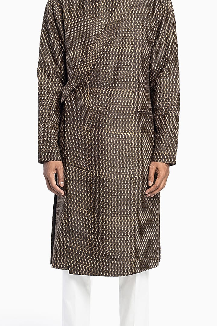 Brown Raw Silk Block Printed Kurta Set by Divyam Mehta Men at Pernia's Pop Up Shop