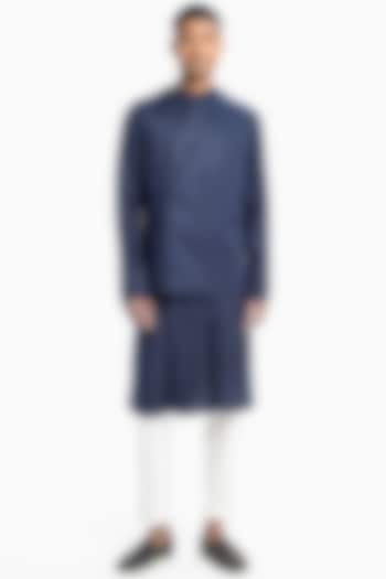 Cobalt Blue & White Sadri Bundi Jacket Set by Divyam Mehta Men