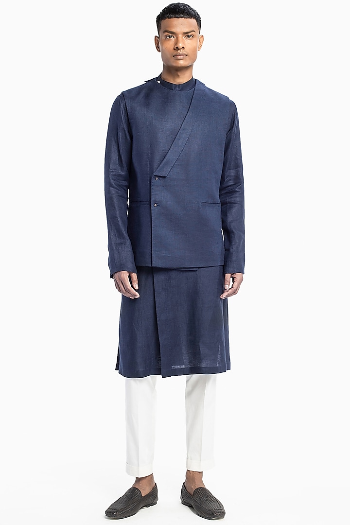 Cobalt Blue & White Sadri Bundi Jacket Set by Divyam Mehta Men