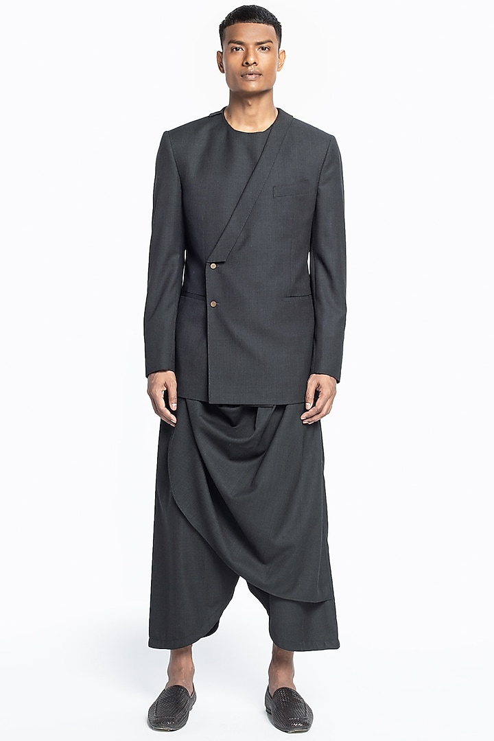 Grey Wrapped Jacket Set by Divyam Mehta Men at Pernia's Pop Up Shop