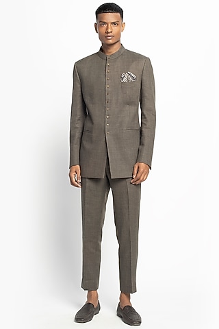 Brown Woolen Bandhgala Jacket Set by Divyam Mehta Men