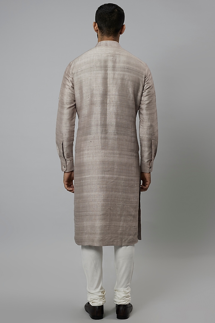 Beige Raw Silk & Katan Silk Embroidered Kurta Set by Divyam Mehta Men at Pernia's Pop Up Shop