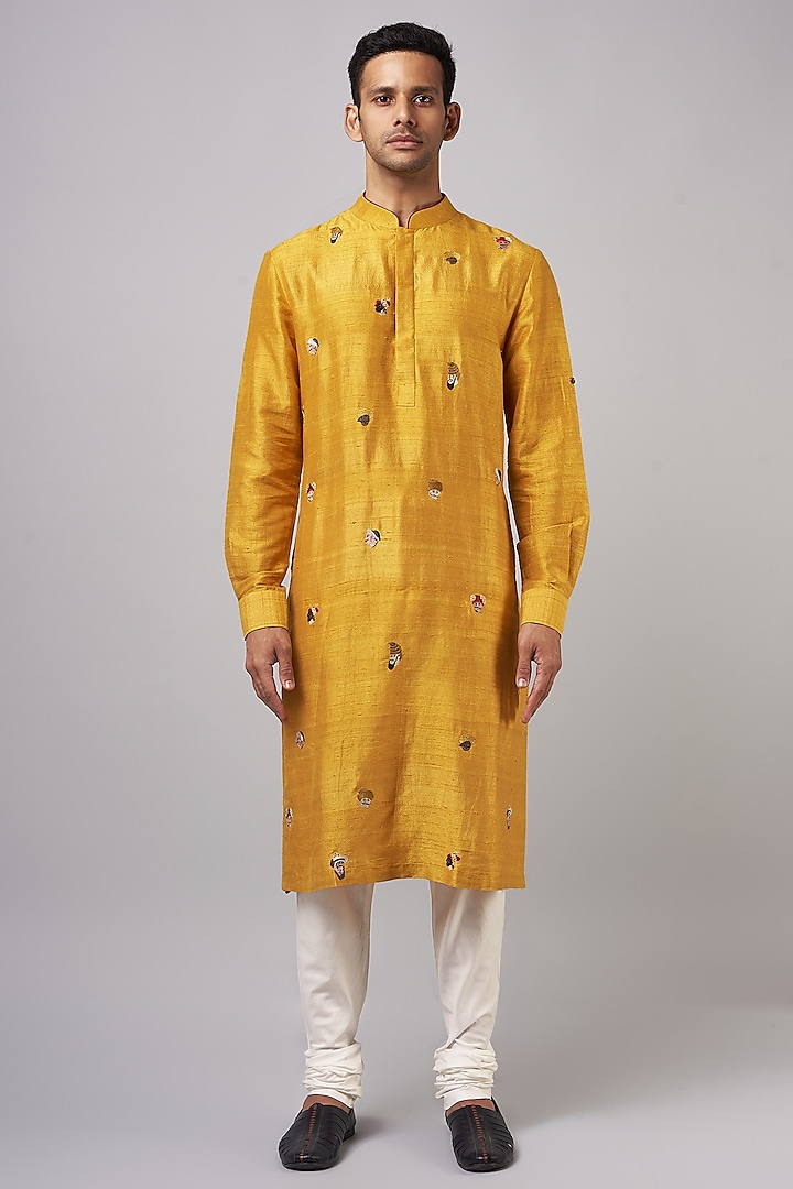 Yellow Raw Silk & Katan Silk Embroidered Kurta Set by Divyam Mehta Men