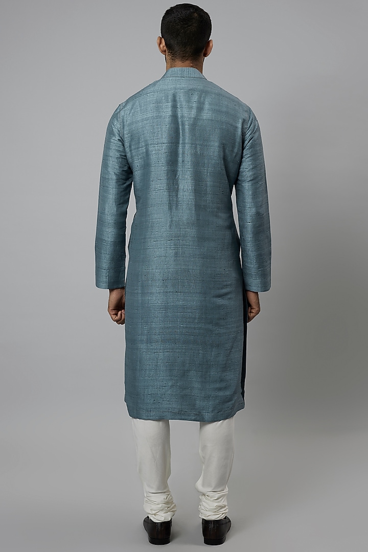 Teal Raw Silk & Katan Silk Embroidered Kurta Set by Divyam Mehta Men at Pernia's Pop Up Shop