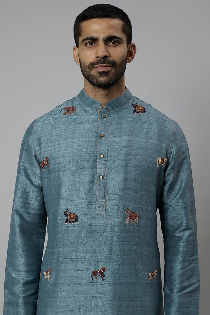 Teal Raw Silk & Katan Silk Embroidered Kurta Set by Divyam Mehta Men at Pernia's Pop Up Shop