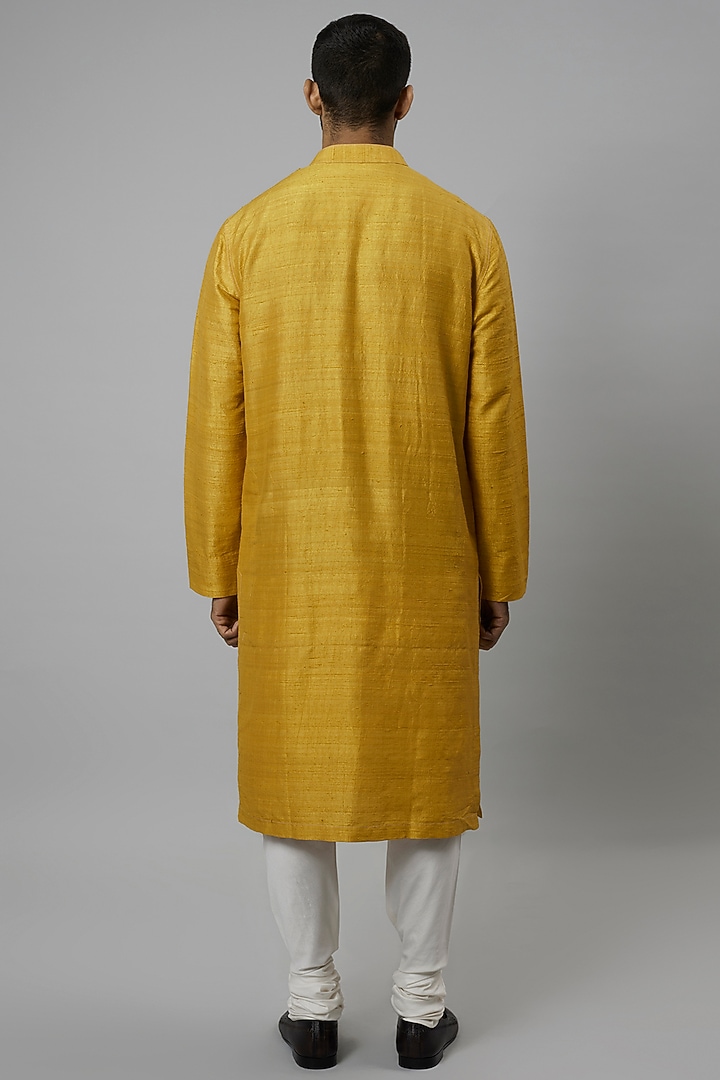 Haldi Yellow Raw Silk & Katan Silk Embroidered Kurta Set by Divyam Mehta Men at Pernia's Pop Up Shop
