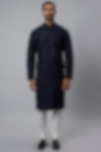 Space Blue Raw Silk & Katan Silk Embroidered Kurta Set by Divyam Mehta Men at Pernia's Pop Up Shop