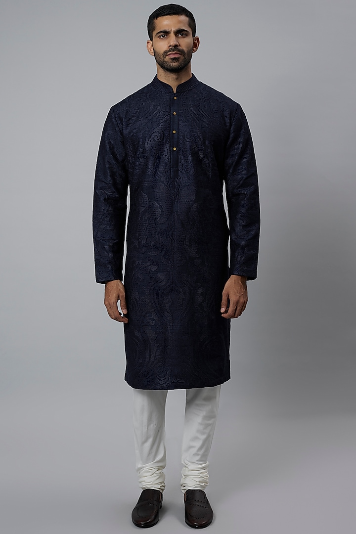 Space Blue Raw Silk & Katan Silk Embroidered Kurta Set by Divyam Mehta Men at Pernia's Pop Up Shop