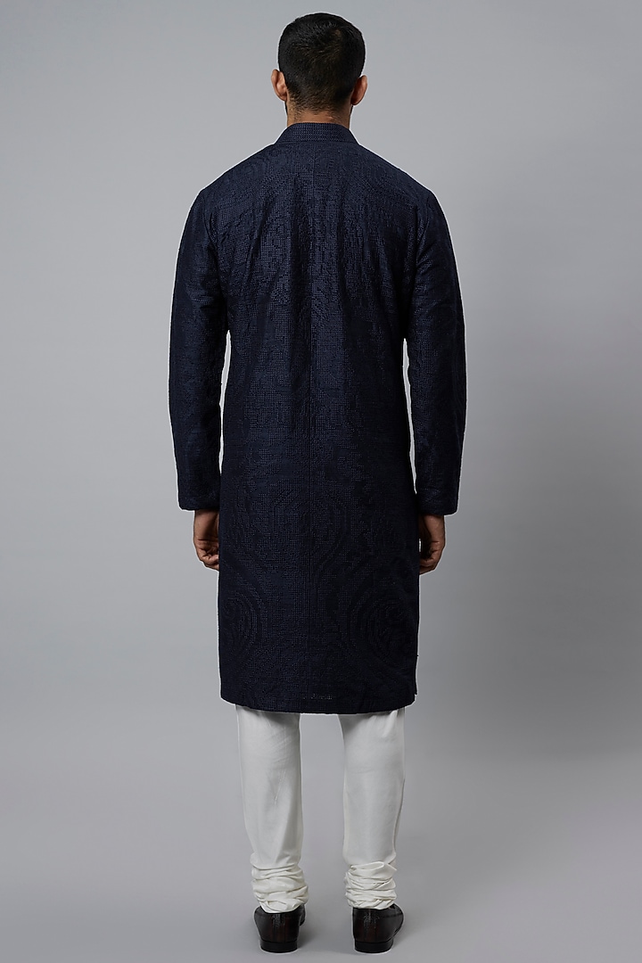 Space Blue Raw Silk & Katan Silk Embroidered Kurta Set by Divyam Mehta Men at Pernia's Pop Up Shop