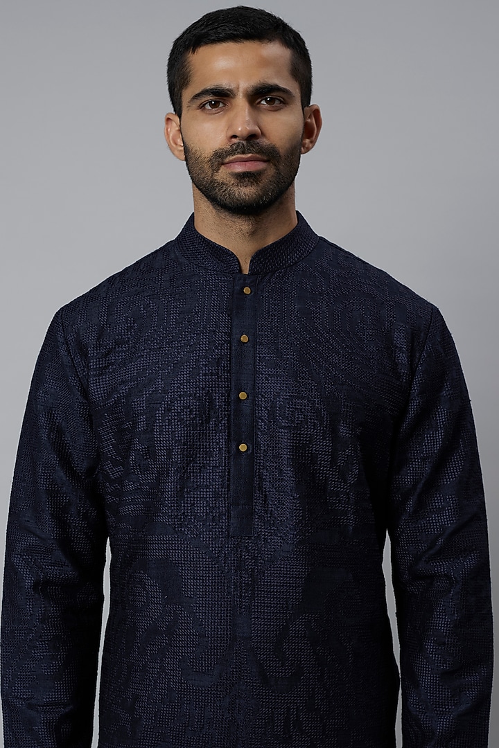 Space Blue Raw Silk & Katan Silk Embroidered Kurta Set by Divyam Mehta Men at Pernia's Pop Up Shop