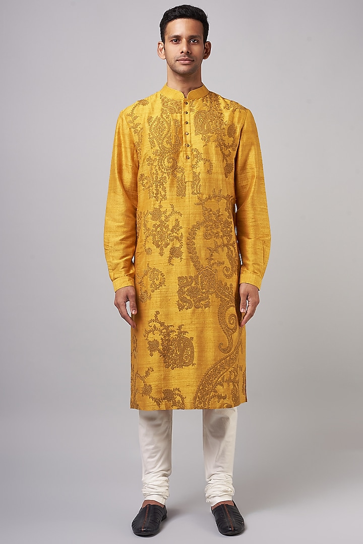 Yellow Raw Silk & Katan Silk Embroidered Kurta Set by Divyam Mehta Men
