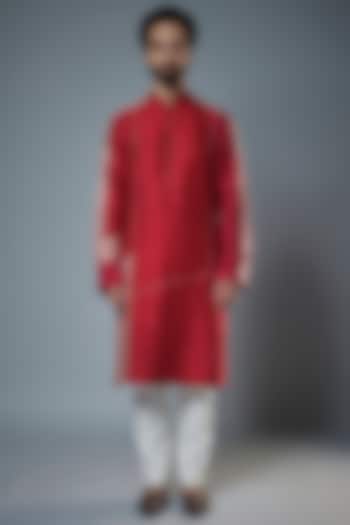 Red Raw Silk & Katan Silk Color Blocked Kurta Set by Divyam Mehta Men