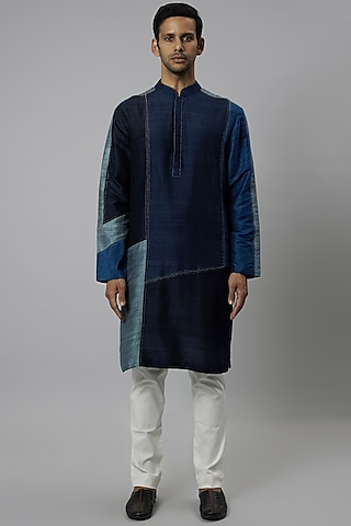 Blue Raw Silk & Stretch Cotton Color Blocked Kurta Set by Divyam Mehta Men