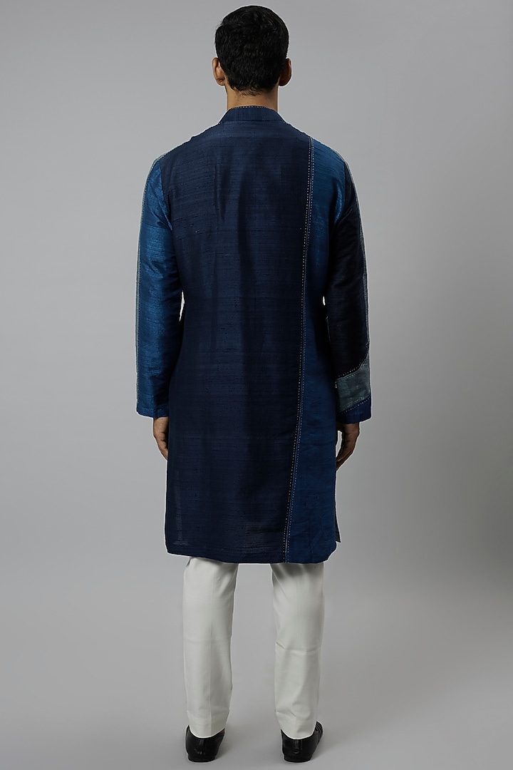 Blue Raw Silk & Stretch Cotton Color-Blocked Kurta Set by Divyam Mehta Men at Pernia's Pop Up Shop
