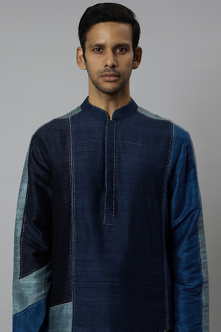 Blue Raw Silk & Stretch Cotton Color-Blocked Kurta Set by Divyam Mehta Men at Pernia's Pop Up Shop