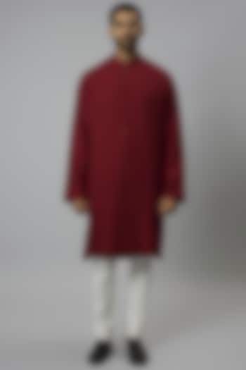 Crimson Red Matka Silk & Stretch Cotton Embroidered Kurta Set by Divyam Mehta Men at Pernia's Pop Up Shop