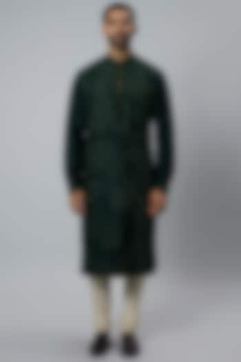 Bottle Green Raw Silk & Katan Silk Embroidered Kurta Set by Divyam Mehta Men