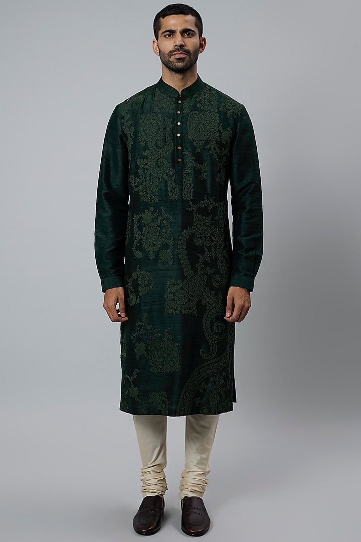 Bottle Green Raw Silk & Katan Silk Embroidered Kurta Set by Divyam Mehta Men