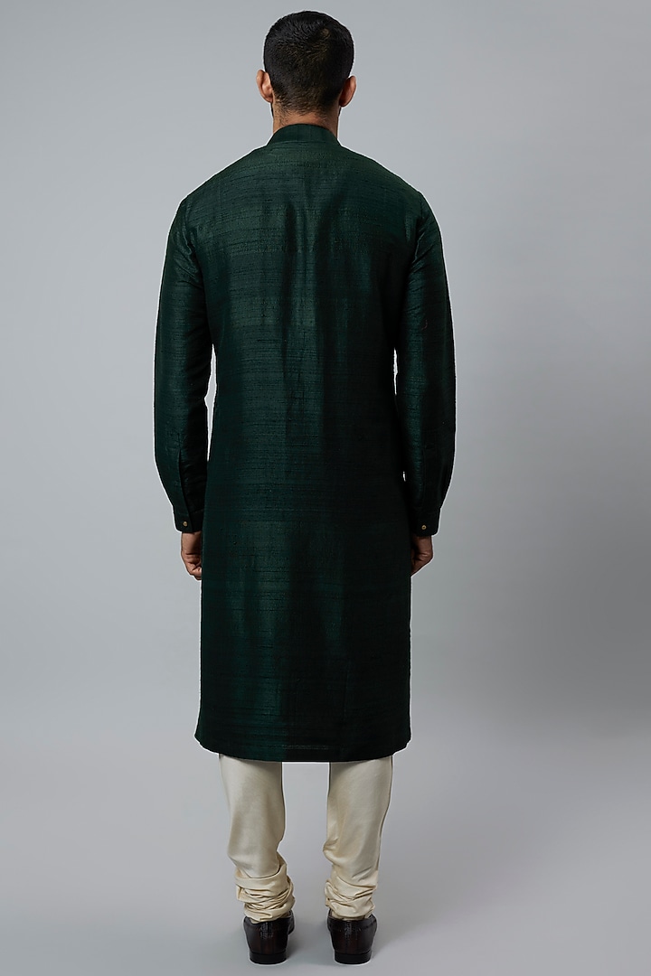 Bottle Green Raw Silk & Katan Silk Embroidered Kurta Set by Divyam Mehta Men at Pernia's Pop Up Shop