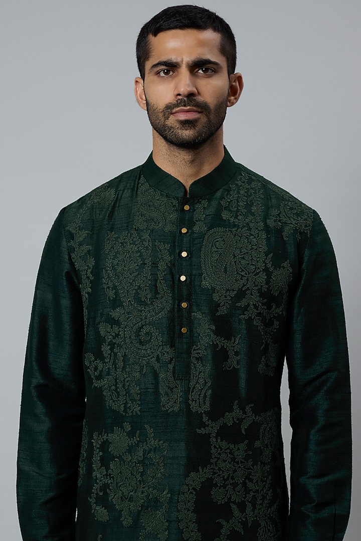 Bottle Green Raw Silk & Katan Silk Embroidered Kurta Set by Divyam Mehta Men at Pernia's Pop Up Shop