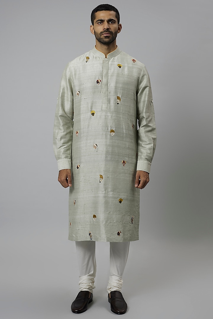 Mint Raw Silk & Katan Silk Embroidered Kurta Set by Divyam Mehta Men