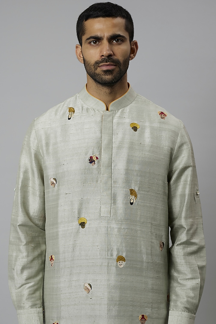 Mint Raw Silk & Katan Silk Embroidered Kurta Set by Divyam Mehta Men at Pernia's Pop Up Shop