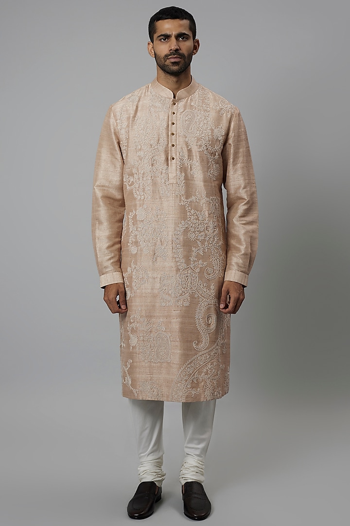 Beige Raw Silk & Katan Silk Embroidered Kurta Set by Divyam Mehta Men